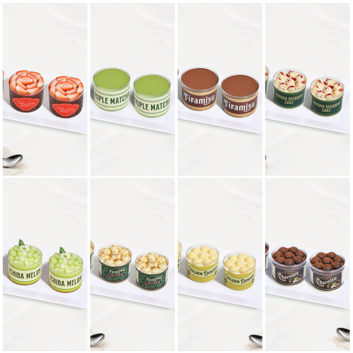 Bộ sưu tập bánh mousse mini hộp tròn với 8 hương vị đa dạng, phù hợp phục vụ Tea Break, hội nghị, workshop và các sự kiện tại TPHCM.