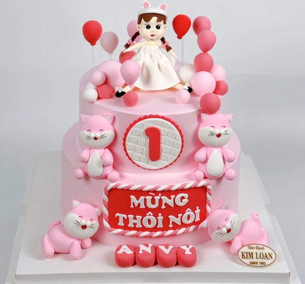 Bánh Kem Hai Tầng Tạo Hình Mèo Cho Bé Gái